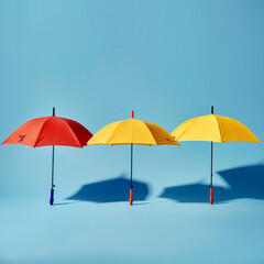 three colorful umbrellas stretched out against a blue background, highlighting their vibrant colors and striking contrast