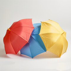 three colorful umbrellas stretched out against a white background, showcasing their vibrant colors and design.