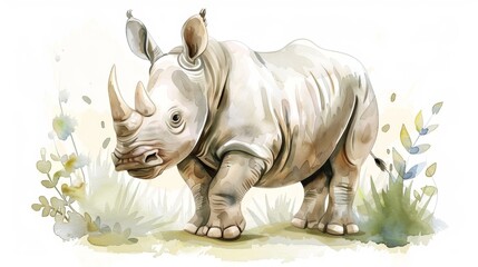 Obraz premium A watercolor painting of a rhinoceros in a grassy field