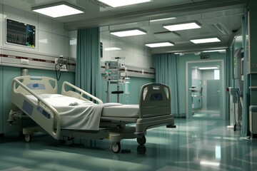 Empty hospital bed in emergency room interior 3D