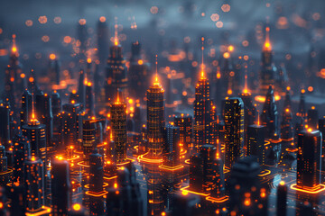 Fototapeta premium Futuristic City Skyline with Glowing Data Points and Digital Grid Overlay Representing Smart City Technology