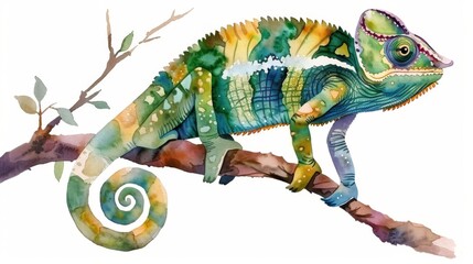 Obraz premium watercolor chameleon on a branch