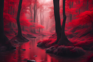 Fototapeta premium Charming red forest scene with vibrant foliage, featuring blurred natural scenery in the background, capturing the tranquility and beauty of nature