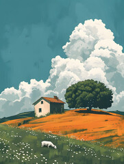 A painting depicting a house and a tree on top of a hill, with fluffy clouds in the sky. The natural landscape includes lush green grass and a serene ecoregion