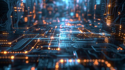Obraz premium 3D rendering of a circuit board with glowing orange and blue lights. The background is dark blue.