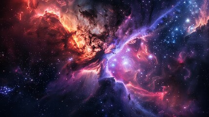 Fototapeta premium This is a mesmerizing space image of a colorful nebula. The vibrant hues of purple, pink, and blue create a sense of awe and wonder.