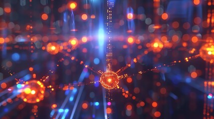 Abstract glowing sphere with plexus structure. Orange glowing particles form a sphere with blue plexus lines connecting them.