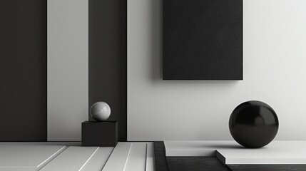 3D rendering of a black and white room with a black sphere and a white sphere on a podium.