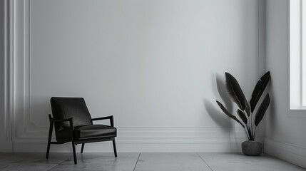 The image is a 3D rendering of a modern living room. There is a black leather armchair in the center of the room, and a potted plant in the corner.