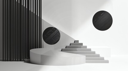 Abstract minimal scene with white podium and stairs. Black circle on the wall and floor. 3d rendering.