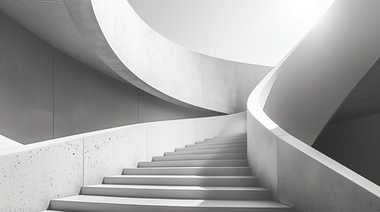 The image is a photograph of a modern staircase with a curved design. The staircase is made of white concrete and has a minimalist aesthetic.