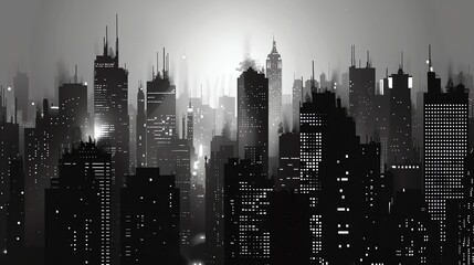 A grayscale cityscape. The city is depicted in a dark and moody light, with the buildings towering over the viewer.