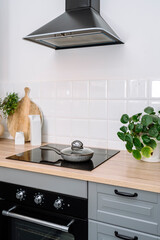 Modern kitchen with induction hob, electric oven and extractor hood