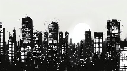 Fototapeta premium Black and white cityscape with a full moon. The city is made up of tall buildings and skyscrapers.