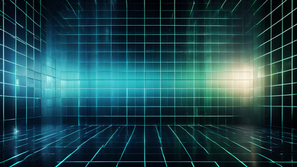 Obraz premium A minimalist abstract background with a grid of evenly spaced, semi-transparent boxes in shades of blue and green, giving a modern and sleek look