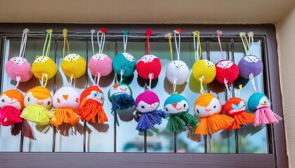 Colorful handmade dolls with smiling faces hanging in front of a window, each doll dressed in vibrant clothes. Charming and playful, evoking feelings of joy and creativity.
