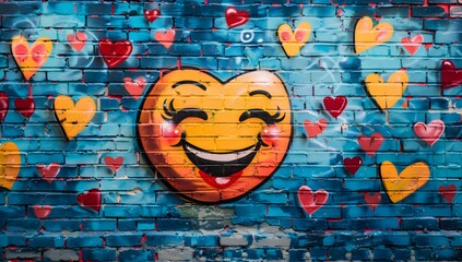 Colorful Graffiti Wall with Happy Emoji and Hearts