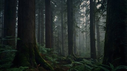 Fototapeta premium Sunlight Breaking Through a Misty Forest