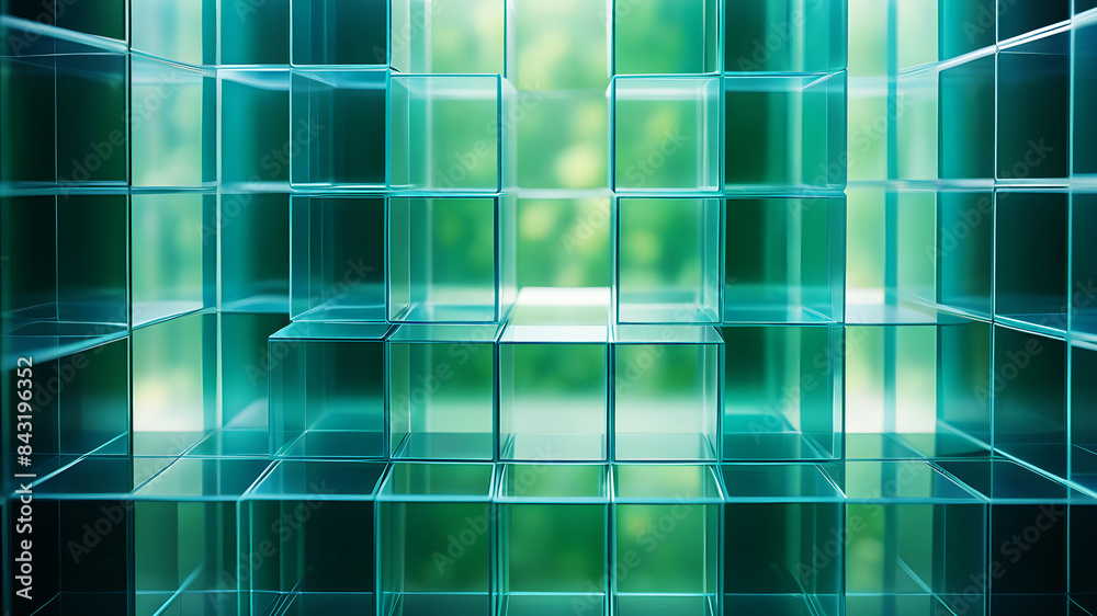 Wall mural a minimalist abstract background with a grid of evenly spaced, semi-transparent boxes in shades of b