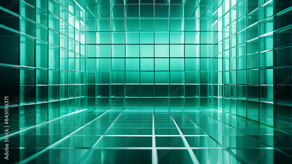 Poster a minimalist abstract background with a grid of evenly spaced, semi-transparent boxes in shades of b