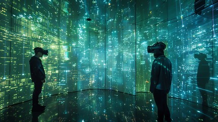 People wearing virtual reality headsets are immersed in a digital world.