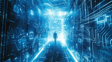 Obraz premium The image is a dark, futuristic tunnel with a man walking through it.