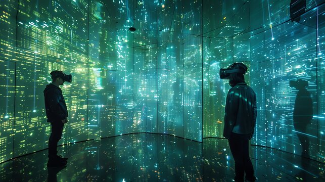 People wearing virtual reality headsets are immersed in a digital world.