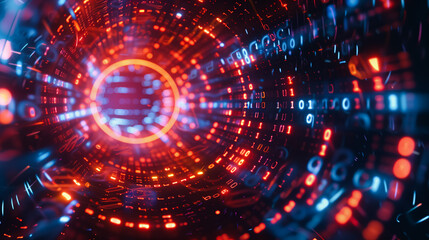 Obraz premium Abstract technology futuristic background with glowing neon lights and numbers. Machine learning algorithms illustration.