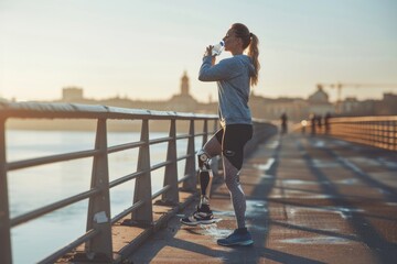 Full length of young disabled athlete woman with prosthetic leg standing on the bridge and drinking water from a bottle.