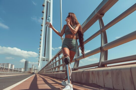Full length of young disabled athlete woman with prosthetic leg standing on the bridge and drinking water from a bottle. - Powered by Adobe