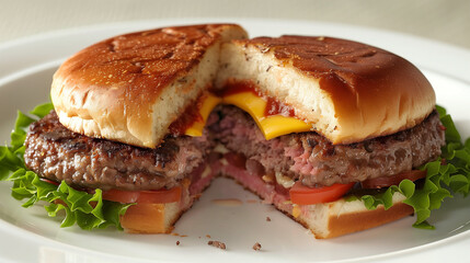 A photo captures a hamburger neatly cut in half and presented on a plate, highlighting the layers of fresh ingredients.