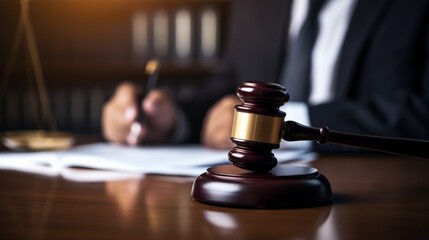 Judge writing in courtroom with gavel on desk, representing law and justice. legal, judiciary, and court themes.