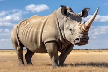 Obraz premium Majestic rhinoceros standing in the open savannah under a bright blue sky, showcasing its powerful horn and sturdy frame.