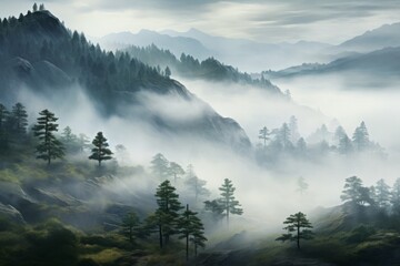 Misty mountain landscape with lush green pine trees. Serene foggy scenery providing a tranquil and majestic view.
