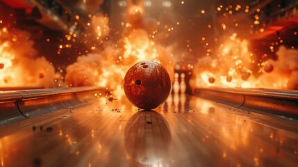 The bowling ball is ready to be hit. Image of a bowling ball hitting pins and exploding. 