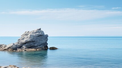 Serene coastal scene featuring a large rock formation in the calm blue sea under a clear sky, ideal for backgrounds and nature concepts.