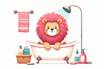Pink maned lion in water filled bathtub.