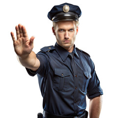 Obraz premium Police officer signaling stop with hand on transparent background