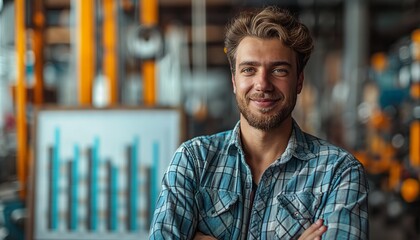Obraz premium Smiling man with production chart in factory