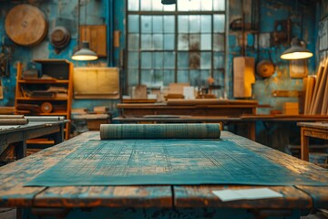 Rolled blueprints on a carpenter's worktable