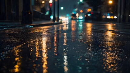 Rainy City Street at Night with Blurry Lights