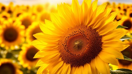 Fototapeta premium Vibrant sunflower in full bloom under the sun, showcasing its bright yellow petals in a vast sunflower field.