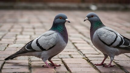 Obraz premium Two Pigeons on a Brick Path