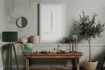 The warm tones of the beige bowl and olive tree create a welcoming atmosphere.