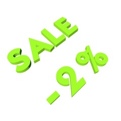 Light green minus two percent with the text Sale. Isolate on a white background. Markdown, discounts, marketing. Footage rendering.