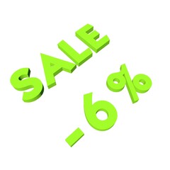 Light green minus six percent with the text Sale. Isolate on a white background. Markdown, discounts, marketing. Footage rendering.