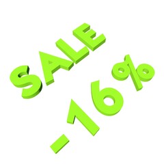 Light green minus sixteen percent with the text Sale. Isolate on a white background. Markdown, discounts, marketing. Footage rendering.