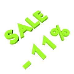 Light green minus eleven percent with the text Sale. Isolate on a white background. Markdown, discounts, marketing. Footage rendering.