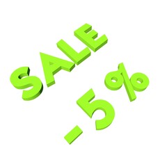 Light green minus five percent with the text Sale. Isolate on a white background. Markdown, discounts, marketing. Footage rendering.