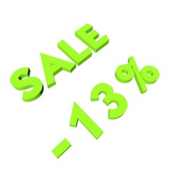 Light green minus thirteen percent with the text Sale. Isolate on a white background. Markdown, discounts, marketing. Footage rendering.